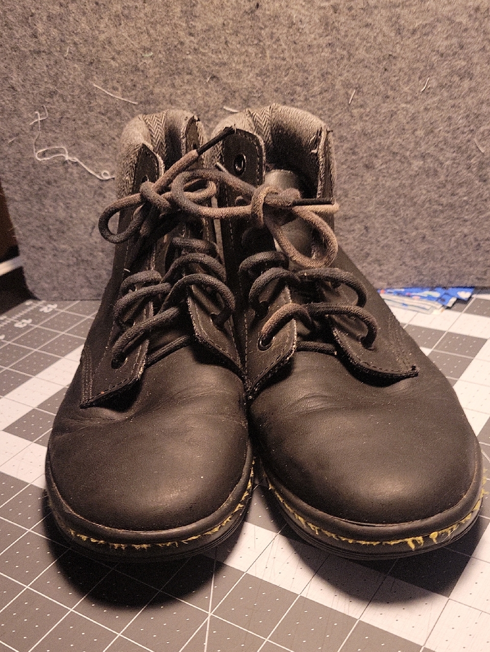 Dr. Martens Black Boots with Yellow Stitching and Tweed Collar Woman Size 9